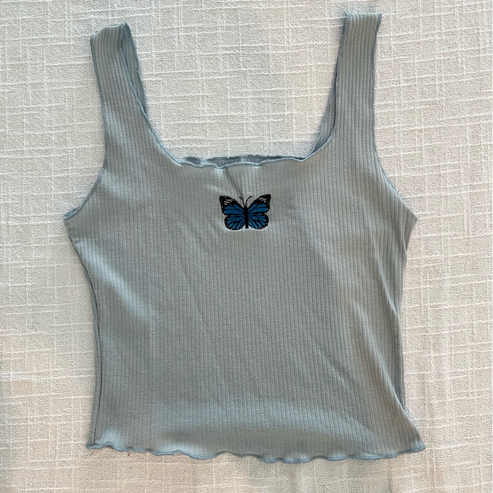 ❣️2/$25❣️ 🦋CUTE! CAUTION TO THE WIND blue butterfly women’s tank top | MEDIUM